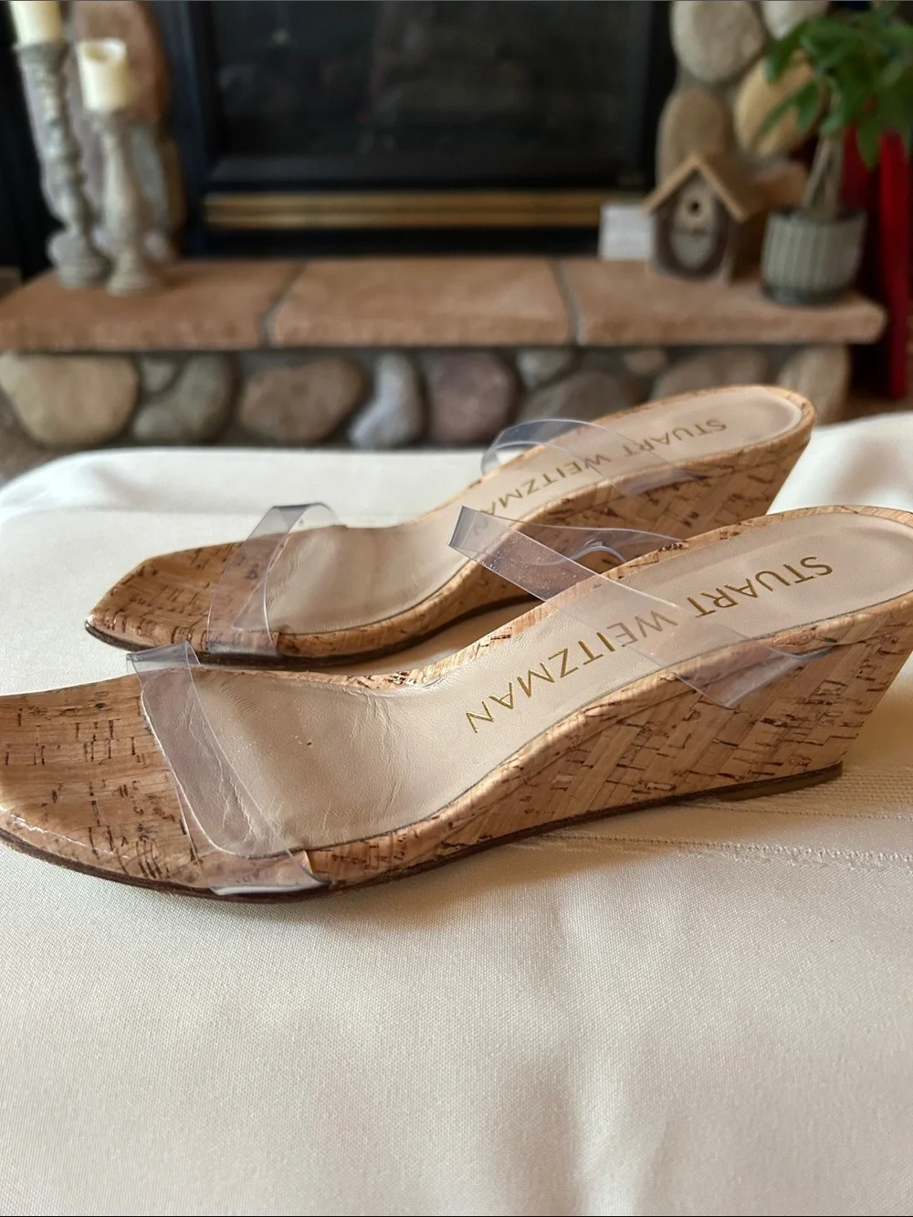 Stuart Weitzman Clear Strap Cork Wedge Sandals - Beige/Cork, Size 7